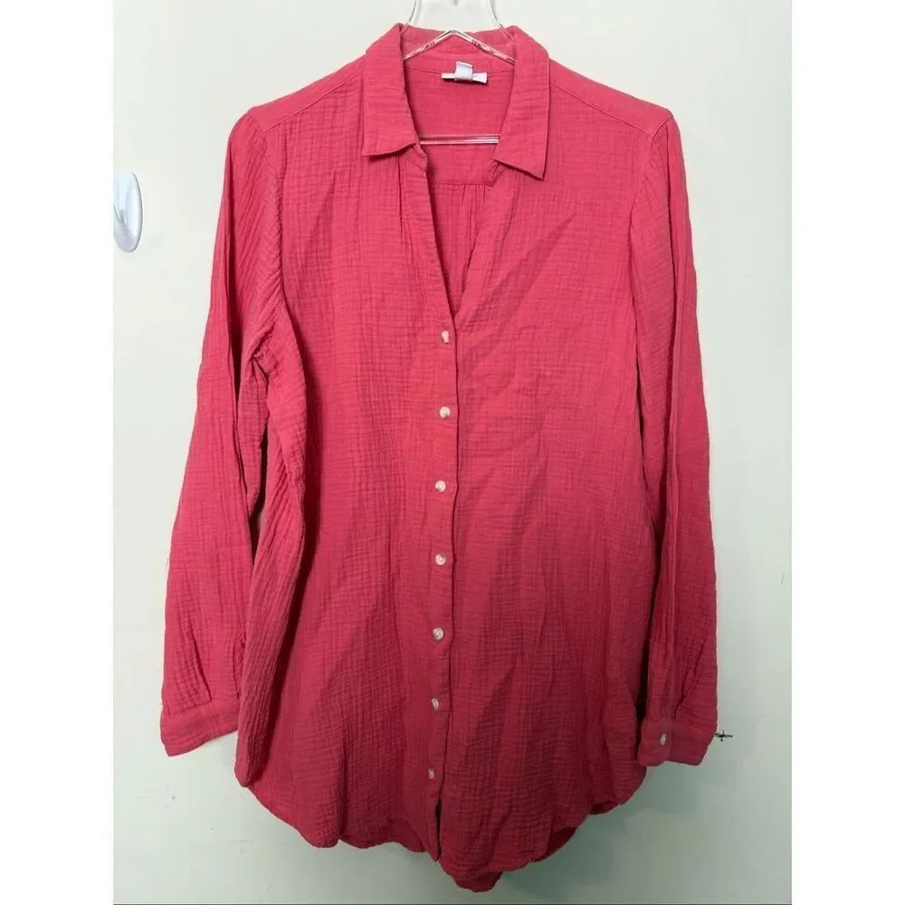 J.Jill Coral Gauzy Cotton Button Front Blouse Size Large Tall Beachy Coastal V N